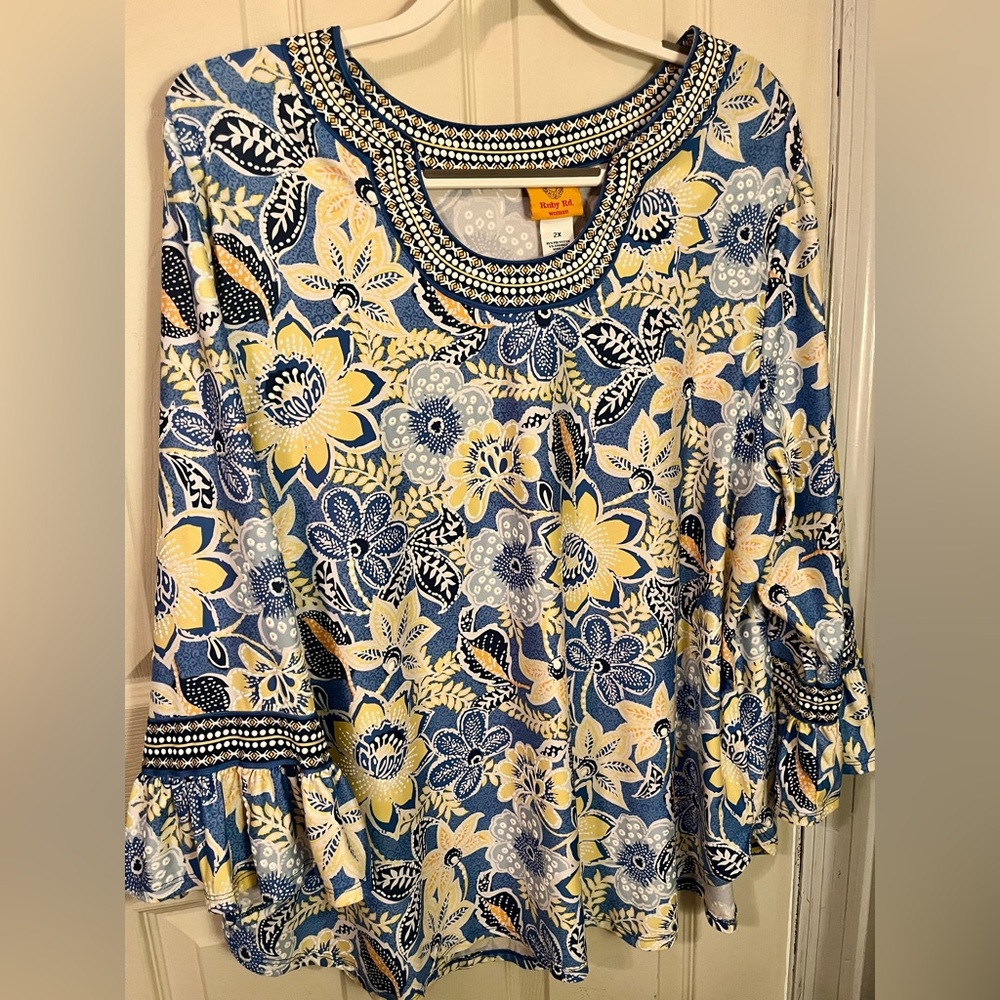 Ruby Rd. Blue and Yellow Floral Top